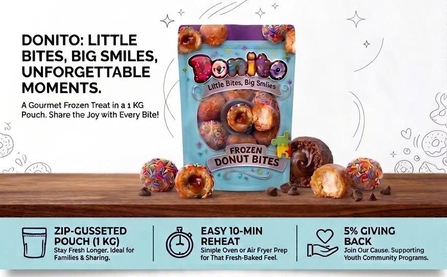 Donito frozen donut bites pouch surrounded by assorted donut bite flavors