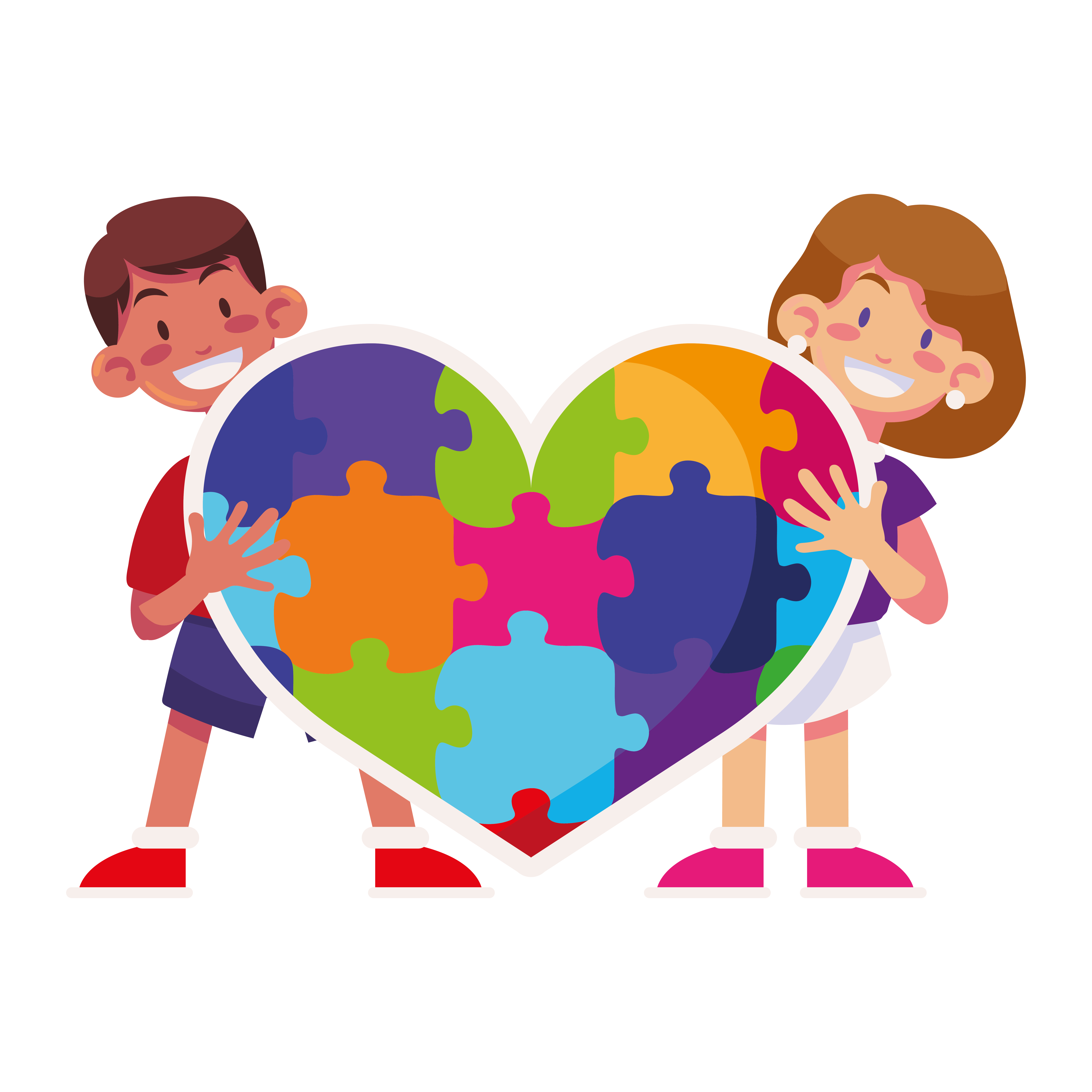 Two children holding a colorful puzzle-piece heart